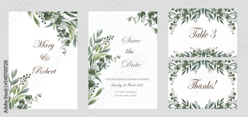 Greenery frames, eucalyptus bouquets. Set of wedding template. Watercolor hand painted illustration.