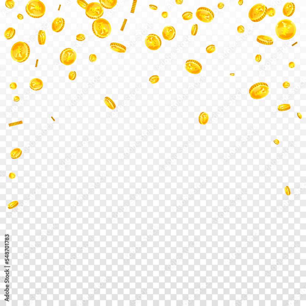 Chinese yuan coins falling. Scattered gold CNY