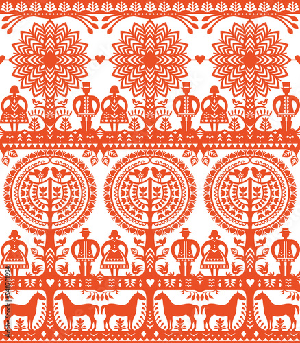 Polish folk art vector seamless pattern Wycinanki Kurpiowskie with men, women, birds and horses - Kurpie paper cut outs repetitive design for textile or fabri print
 photo