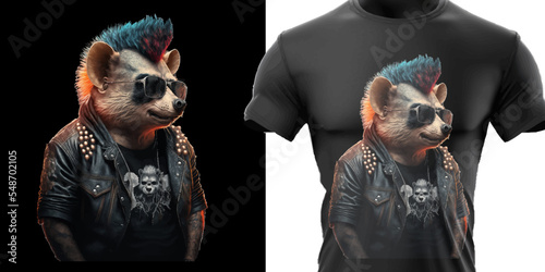 A teddy bear in the style of punk rock, dressed in a leather jacket on a black isolated background, T-shirt. Vector illustration