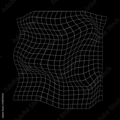 Distorted white grid isolated on black background. Warped wireframe texture. Net with curvatured effect. Checkered pattern deformation. Bented lattice surface photo