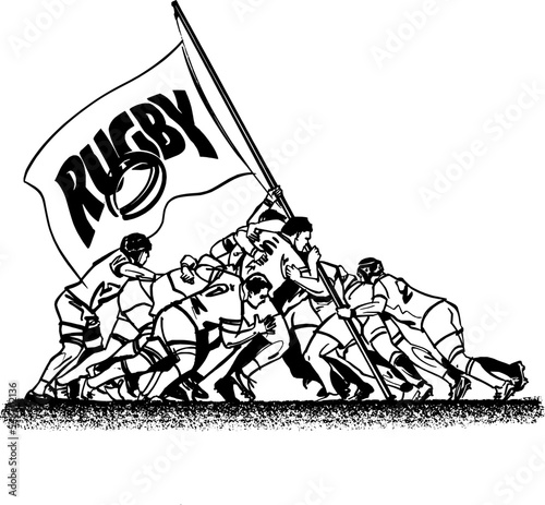 black and white rugby players with flag in their hands
