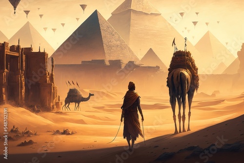 A journey to the great pyramid. Fantasy scenery. concept art