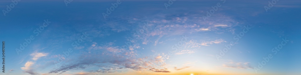 Dark blue sunset sky panorama with pink Cirrus clouds. Seamless