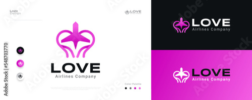 Love Plane Logo Design in Pink Gradient Concept. Heart Airplane Logo or Icon, Suitable for Aviation, Airlines, Tourism or Travel Business Logo