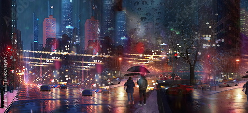 Fototapeta Naklejka Na Ścianę i Meble -  Night city rainy street   blurred light car traffic people with umbrellas rain drops urban scene