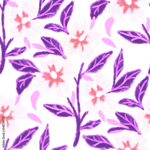 Creative seamless pattern with abstract flowers drawn with wax crayons. Brigh...