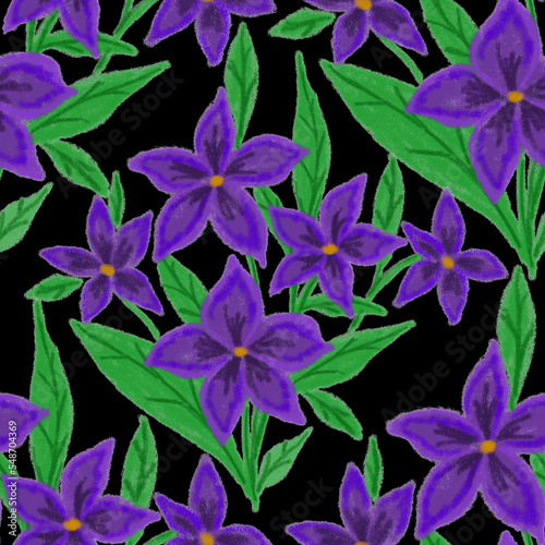 Creative seamless pattern with abstract flowers drawn with wax crayons. Brigh...