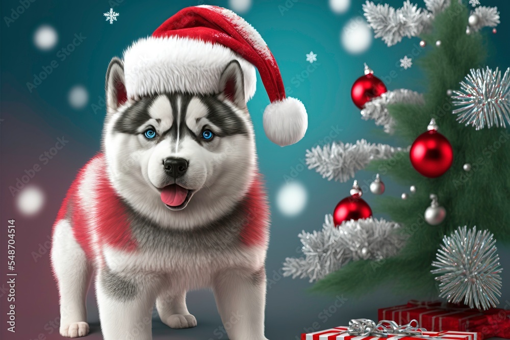Siberian Husky Dog with Santa Hat, 3D Render