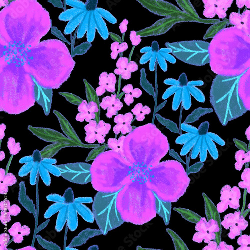 Creative seamless pattern with abstract flowers drawn with wax crayons. Brigh...