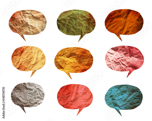 Set of different paper crumpled speech bubbles isolated on white background.