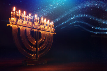Image of jewish holiday Hanukkah with menorah (traditional candelabra) and candles