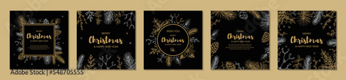 Merry Christmas and Happy New Year square designs with hand drawn golden evergreen branches and holly berries on black background. Vector illustration in sketch style