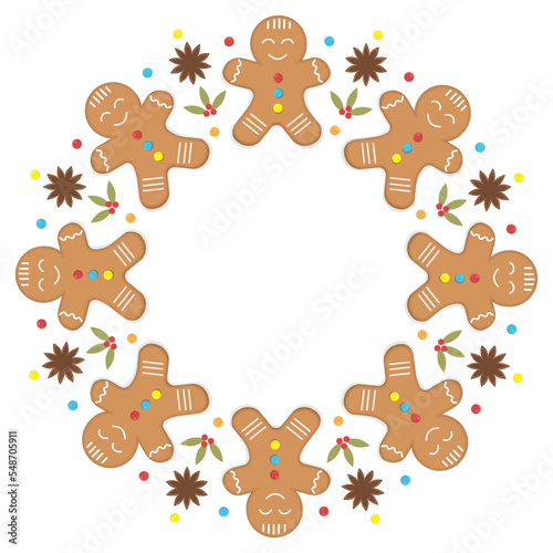 Christmas round ginger cookie frame, color vector illustration in cartoon style