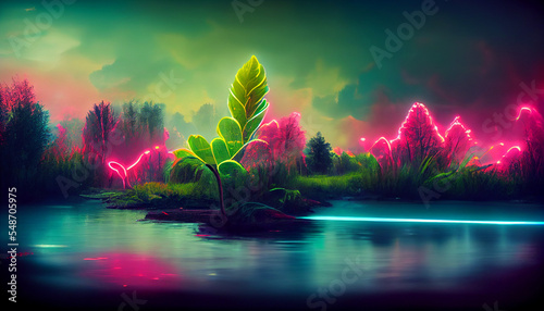 Futuristic landscape. Fantastic multi-colored trees illuminate the surroundings with neon light. Blue shimmering river. Nice picture.