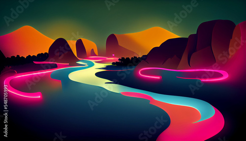 Futuristic landscape on a black background. Neon river in blue, pink overflows. In the background are orange mountains. Dawn.