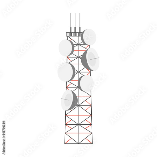 wide stable Antenna tower with satellite dishes vector illustration. Radio, communication or telecom transmission tower, internet, television