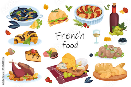 French food elements isolated set. Bundle of traditional mussel and meat dishes  ratatouille  snails  croissants  desserts  fresh pastries  cheeses  wine. Illustration in flat cartoon design