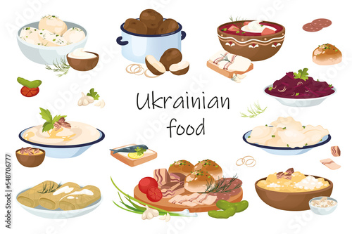 Ukrainian food elements isolated set. Bundle of traditional meals - borscht, dumplings, cabbage rolls, garlic donuts, bacon, corn porridge, vegetable dishes. Illustration in flat cartoon design