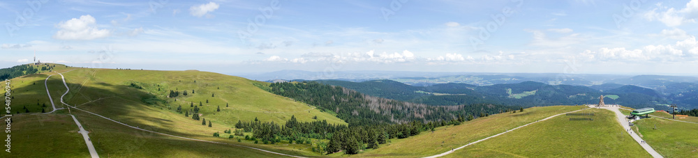 Panoramic view from the Feldberg tower down into the valley. Feldberg is the highest mountain in the Black Forest. Germany