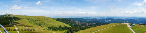 Panoramic view from the Feldberg tower down into the valley. Feldberg is the highest mountain in the Black Forest. Germany
