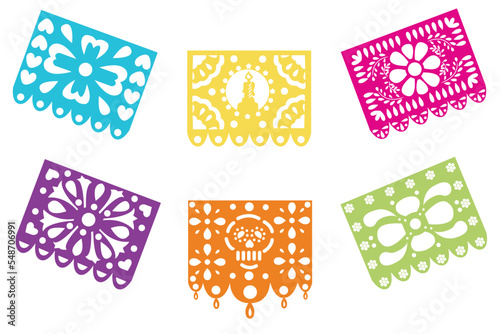 A set of paper decorations for the Mexican holiday Day of the Dead. Vector illustration isolated on white background.