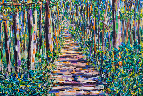 Vibrant multi-colored original acrylic painting close up detail showing brushwork and canvas textures. Spring woodland footpath.