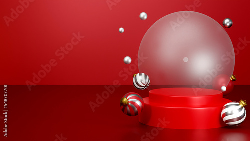 Christmas banner with product display. Red podium 3d rendering.