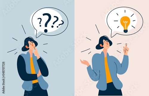 Woman confused looking for answers and creating solution. Girl thinking and finding answer.  Innovation and problem solution. 