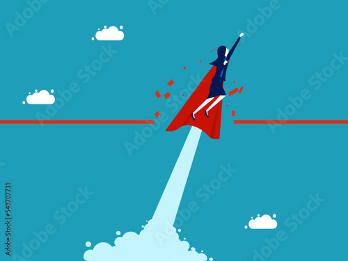 Breakthrough barrier. overcome difficulty. businesswoman superhero breaking barrier line vector