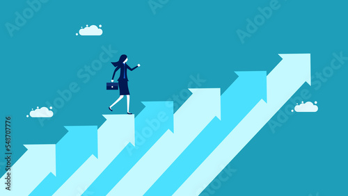 Ambition for success. Businesswoman walking up the growth arrow ladder vector
