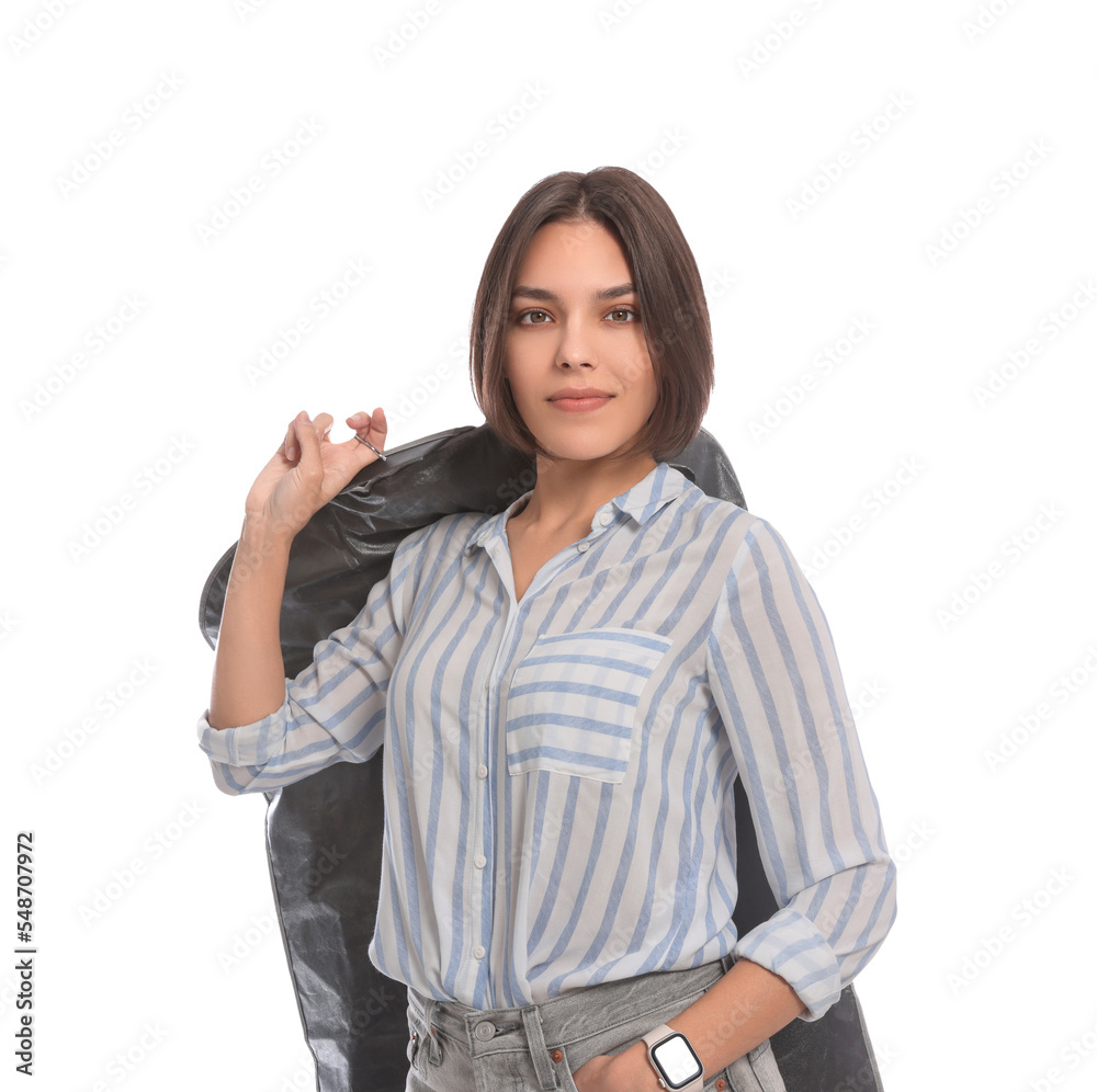 Woman holding garment cover with clothes on white background. Dry-cleaning service Woman holding garment cover with clothes on white background. Dry-cleaning service