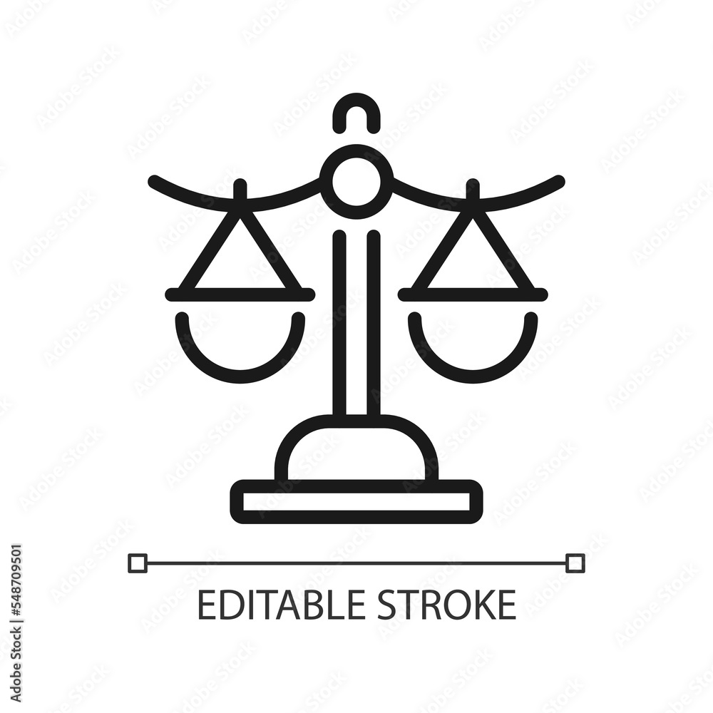 Balance scale pixel perfect linear icon. Western zodiac sign. Libra in astrology. Justice measure. Thin line illustration. Contour symbol. Vector outline drawing. Editable stroke. Arial font used