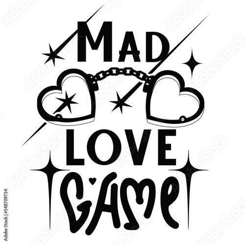 Dangerous glamour psychedelic love concept. Creepy gothic heart shaped handcuffs with slogan, phrase: " Mad love game". Y2K goth print, sticker. 1990s, 2000s vector hand drawn silhouette