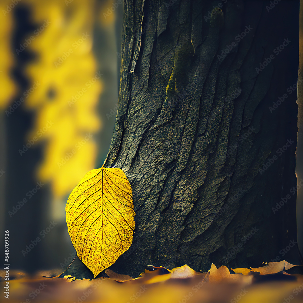 One yellow leaf lies alone on a tree trunk