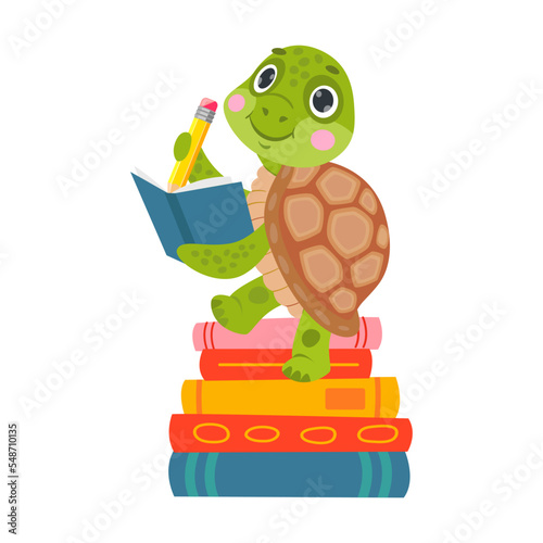Cute animal, young turtle reading book cartoon illustration. Smart character holding textbook isolated on white background