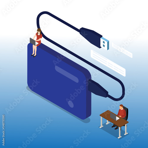 Business people with external USB hard drive isometric 3d vector illustration concept for banner, website, illustration, landing page, flyer, etc.