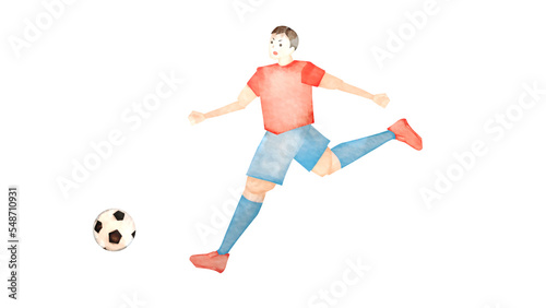 サッカーをするアジア人男性の水彩風背景透過イラスト
