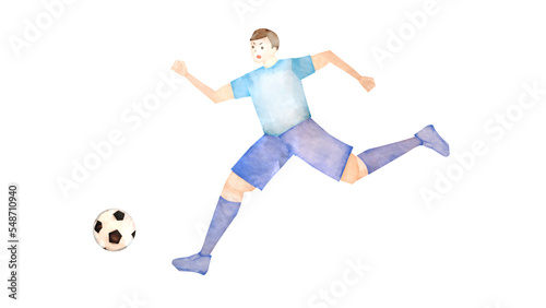 サッカーをするアジア人男性の水彩風背景透過イラスト
