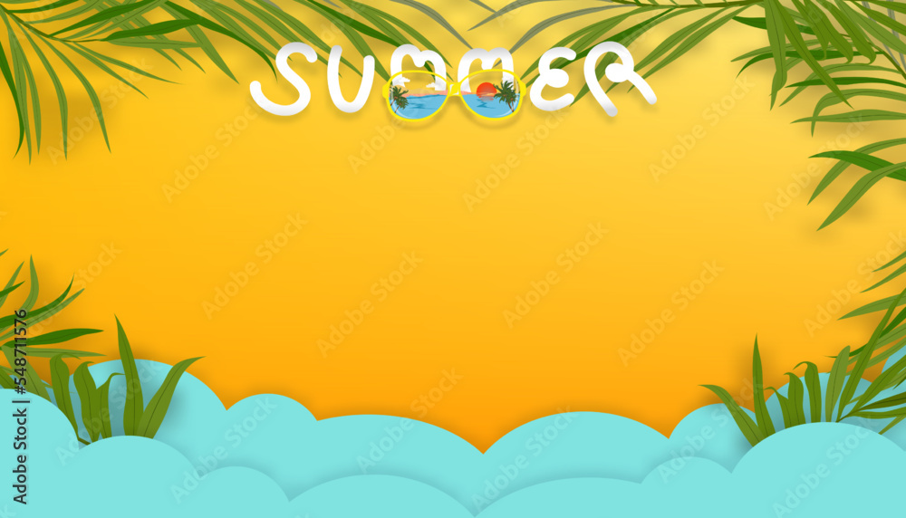 Summer scene background,Flat lay coconut palm branches on yellow background with paper cut tropical beach with copy space.Top view horizon with wide composition concept for Summer Vacation,Travel,Sale Summer scene background,Flat lay coconut palm branches on yellow background with paper cut tropical beach with copy space.Top view horizon with wide composition concept for Summer Vacation,Travel,Sale
