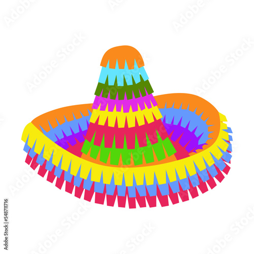 Cute pinata in shape of Mexican hat, vector illustration. Mexican paper toy for birthday party or carnival isolated on white background
