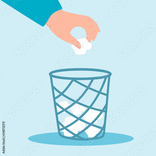 Hand throwing crumpled paper into trash bucket..Office worker throwing piece of paper in waste bin flat vector illustration. Stress, frustration concept for banner, website design or landing web page.