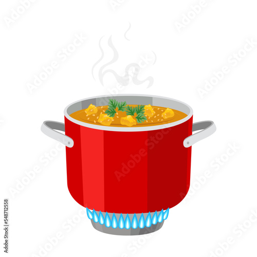 Cooking pot with soup on gas stove cartoon illustration. Boiling water in kettle, frying dishes on fire. Saucepan with hot soup