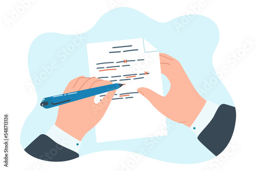 Editor correcting mistakes in text flat vector illustration. Proofreaders hands correcting grammar errors. Content, education, improvement concept for banner, website design or landing web page