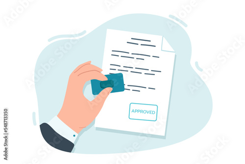 Hand stamping approved word on paper flat vector illustration. Confirmation of document by notary. Verified contract with seal. Agreement concept for banner, website design or landing web page