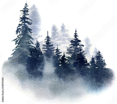 Watercolor winter foggy forest landscape illustration. Wild nature in wintertime. Christmas card design. Abstract graphic isolated on transparent background
