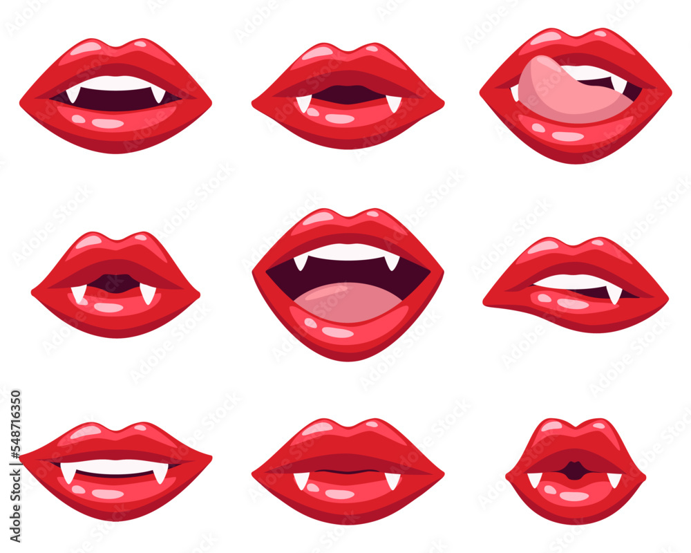 Obraz premium Female vampire mouths vector illustrations set. Collection of cartoon drawings of sexy red lips with fangs isolated on white background. Fantasy, monster, glamor, Halloween concept