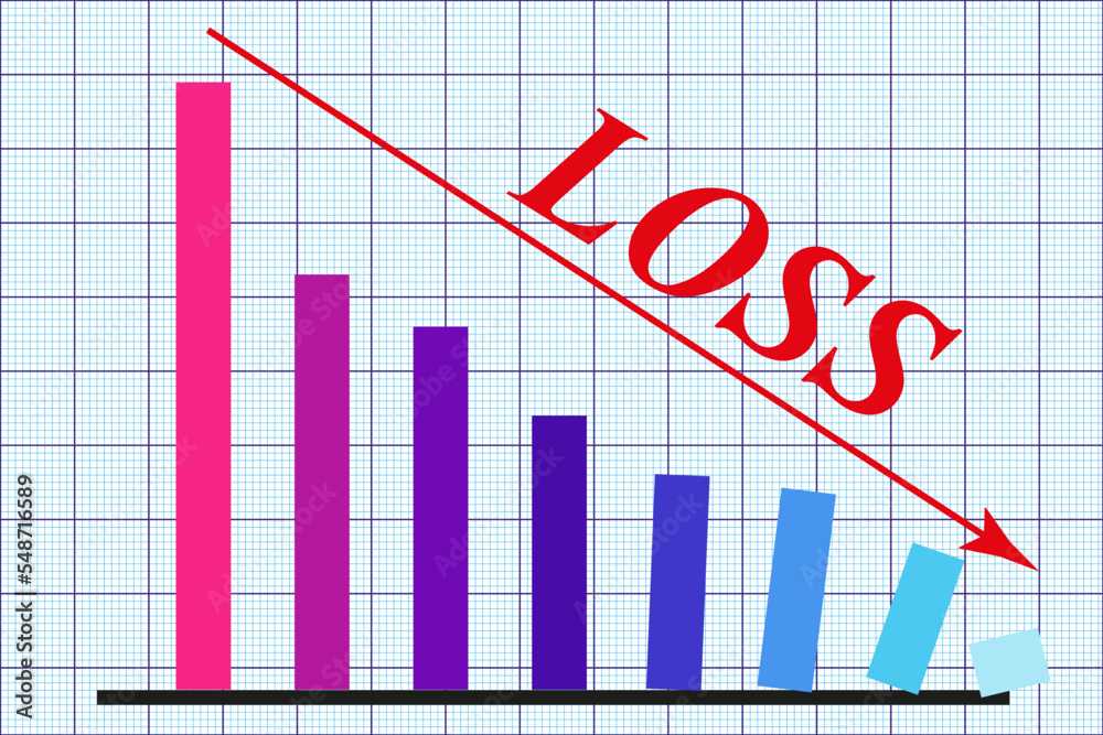 Fototapeta premium Graph Showing Loss. Multi color bar with down arrow. Vector illustration EPS 10 file.