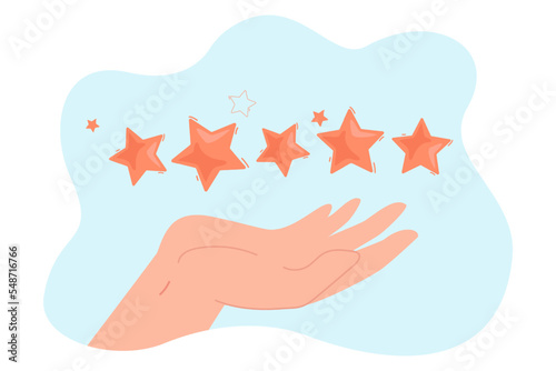 Rating stars on human hand flat vector illustration. Client or customer giving five stars to service. Positive feedback, evaluation, satisfaction concept for banner, website design or landing web page