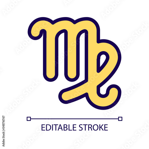 Virgo pixel perfect RGB color icon. Sign of zodiacal constellations. Astrological maiden. Personality type. Isolated vector illustration. Simple filled line drawing. Editable stroke. Arial font used